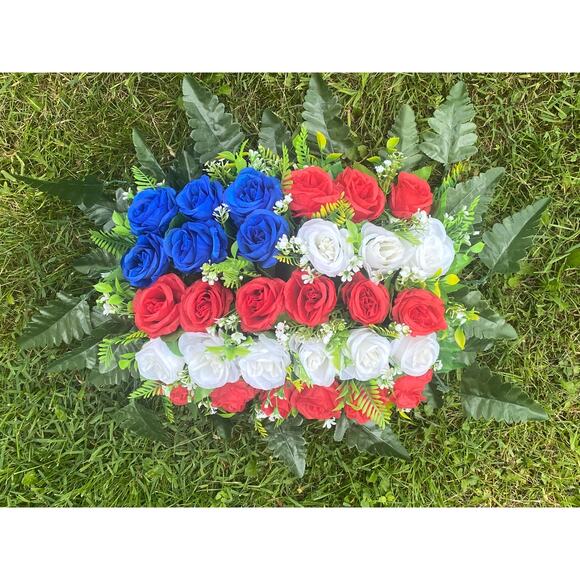 Patriotic Red White Blue Rose Flag Memorial Floral Arrangement Grave Decor - Picture 6 of 6
